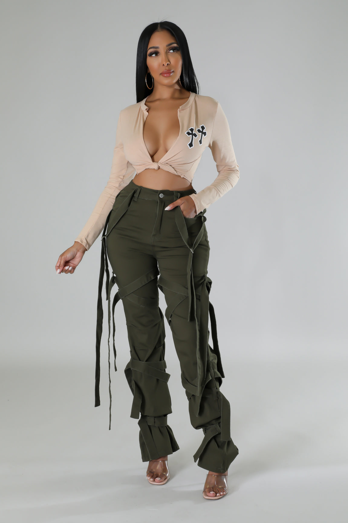 Tied Up Strappy Stretch Pants - Olive – Gabby Madison at DTT by L. Green