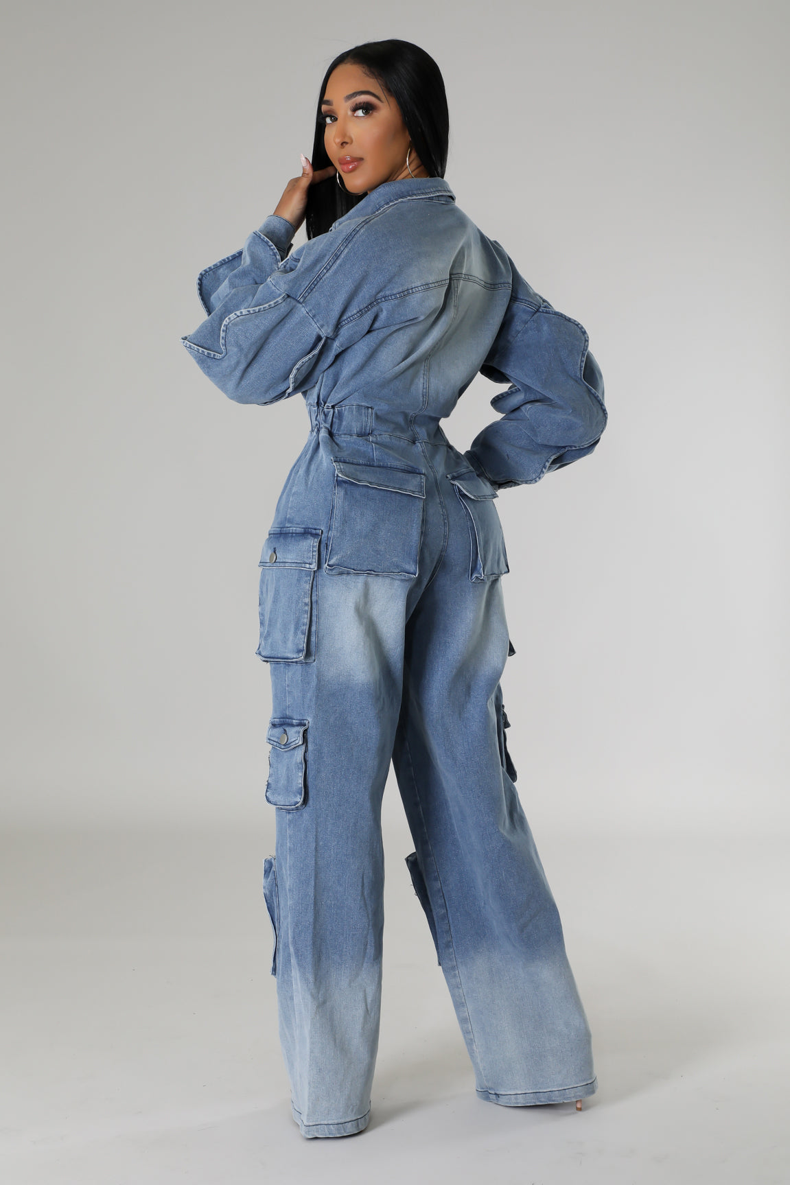 "Turning Heads" Denim Cargo Jumpsuit.