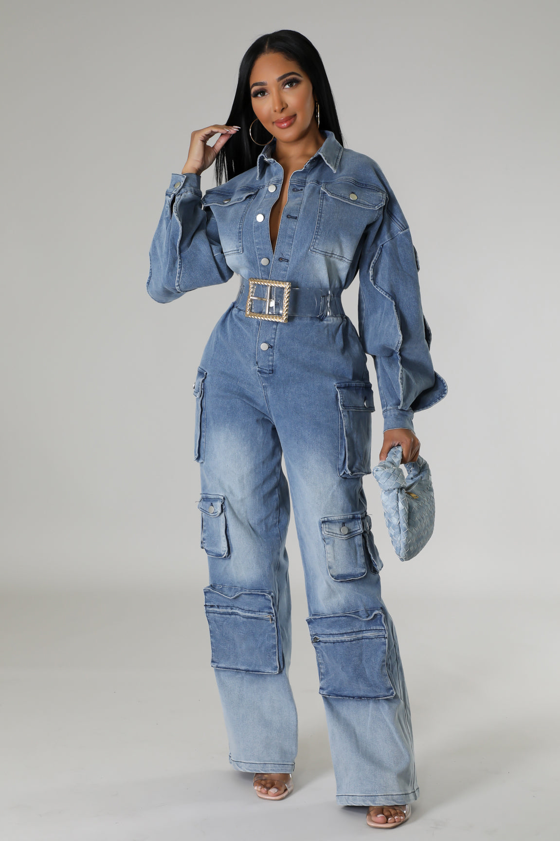"Turning Heads" Denim Cargo Jumpsuit.