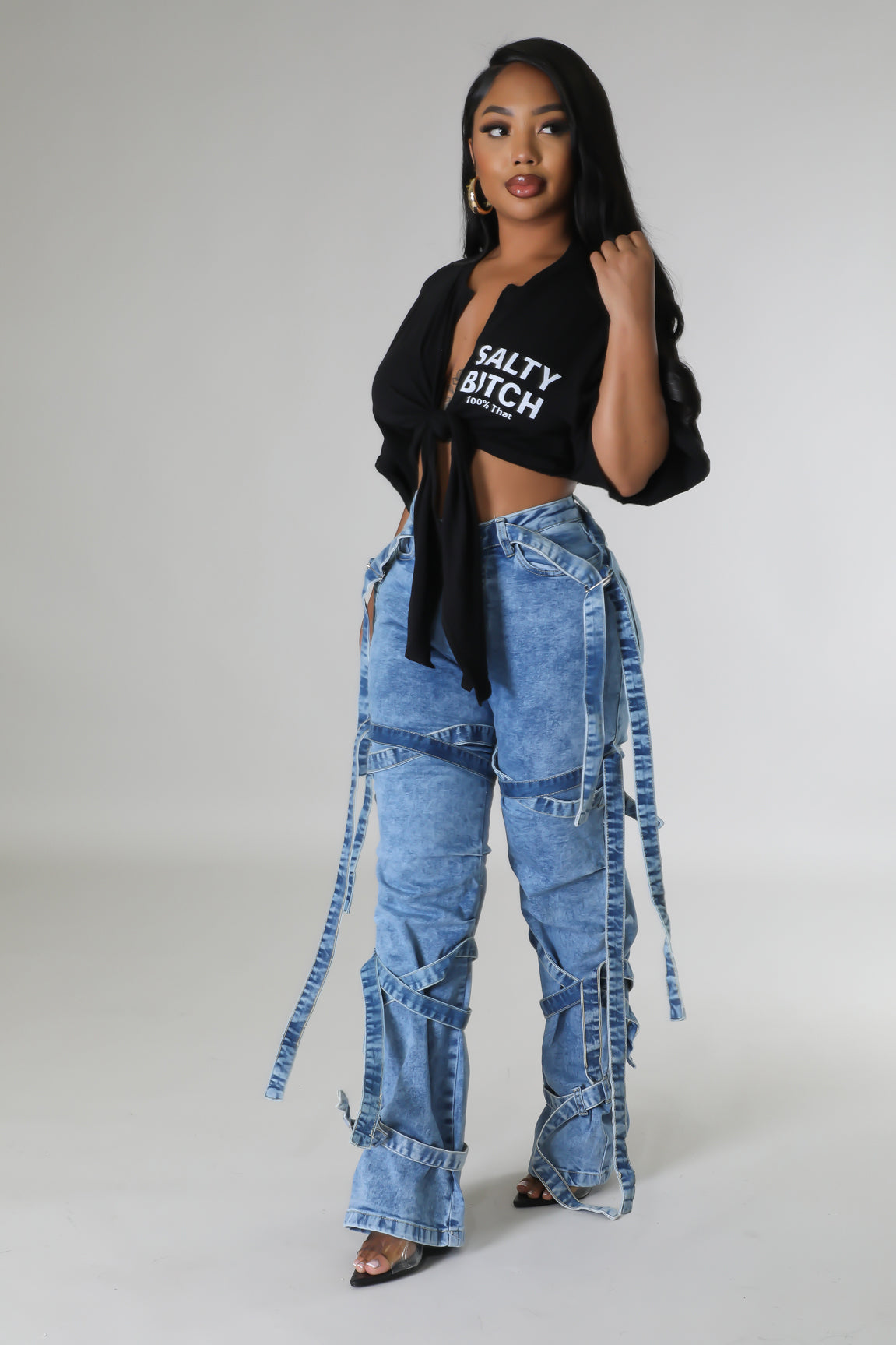 "Tied Up" Strappy Stretch Pants - Denim Wash