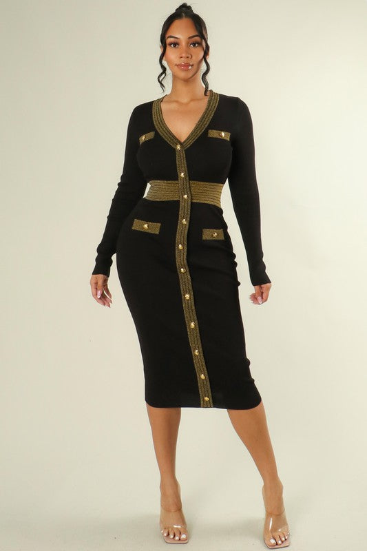 Midi Stretch Dress with Front Buttons 
