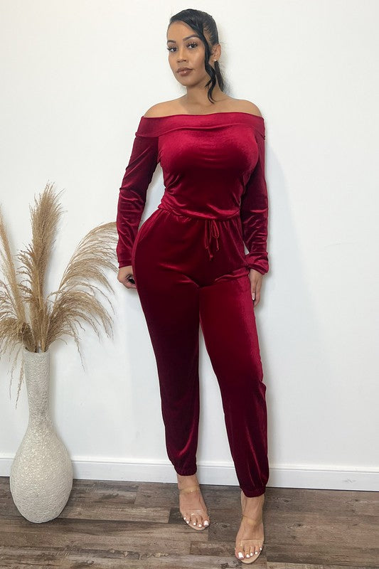 "Holiday Cheque" Off Shoulder Jumpsuit - Burgundy