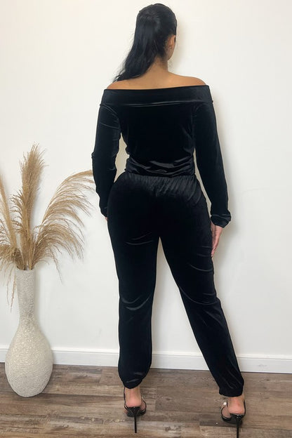 "Holiday Cheque" Off Shoulder Jumpsuit - Black