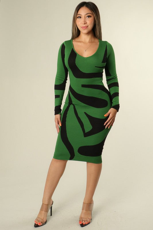 "Swirl Style" Stretch Midi Dress - Green