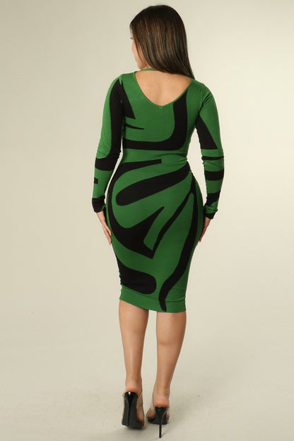 "Swirl Style" Stretch Midi Dress - Green