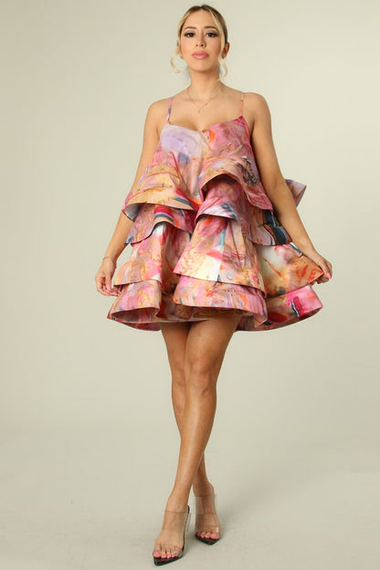 Summer Frill Ruffle Dress - Pastel Print