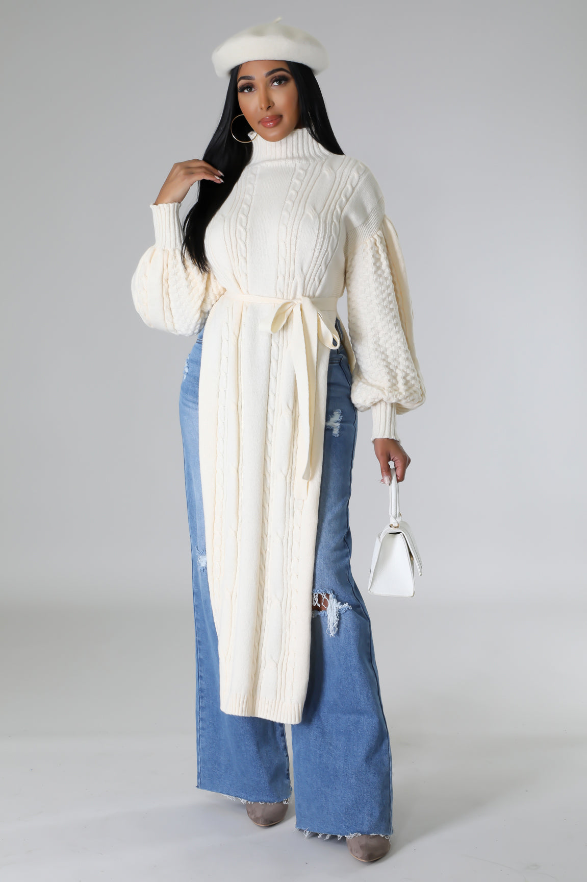 "Parie Babe" Turtleneck Long Top - Ivory