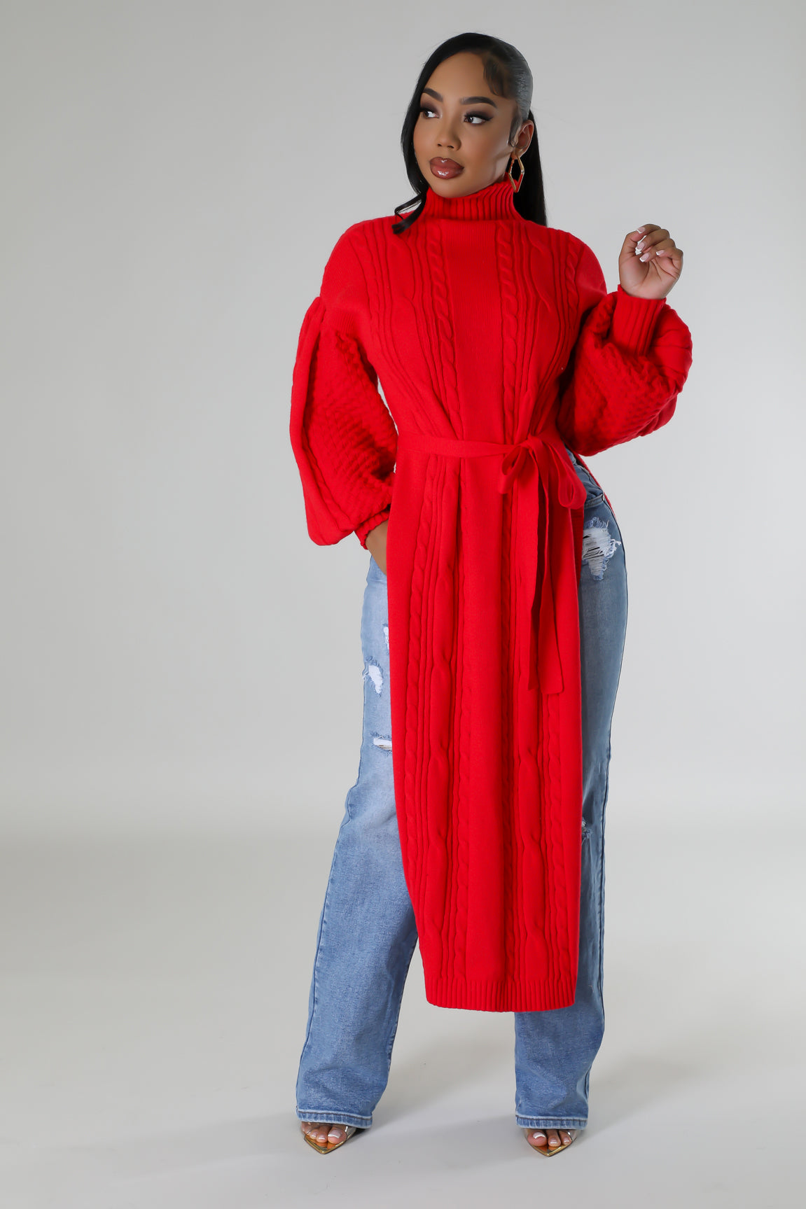 "Parie Babe" Turtleneck Long Top - Red