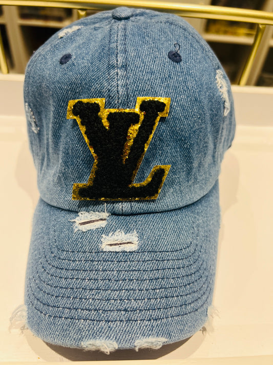 {LV1} Designer Inspired Dad Hat - Medium Blue Denim