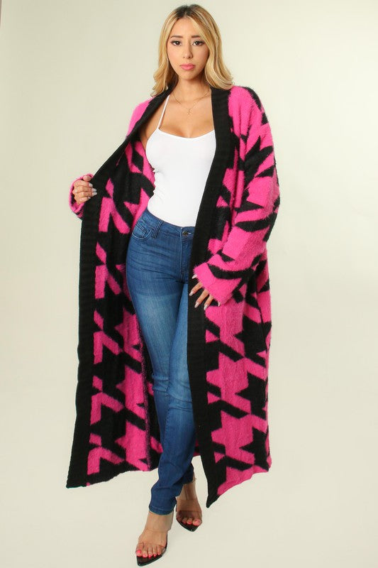 "Houndstooth Smooth" Long Cardigan- Pink