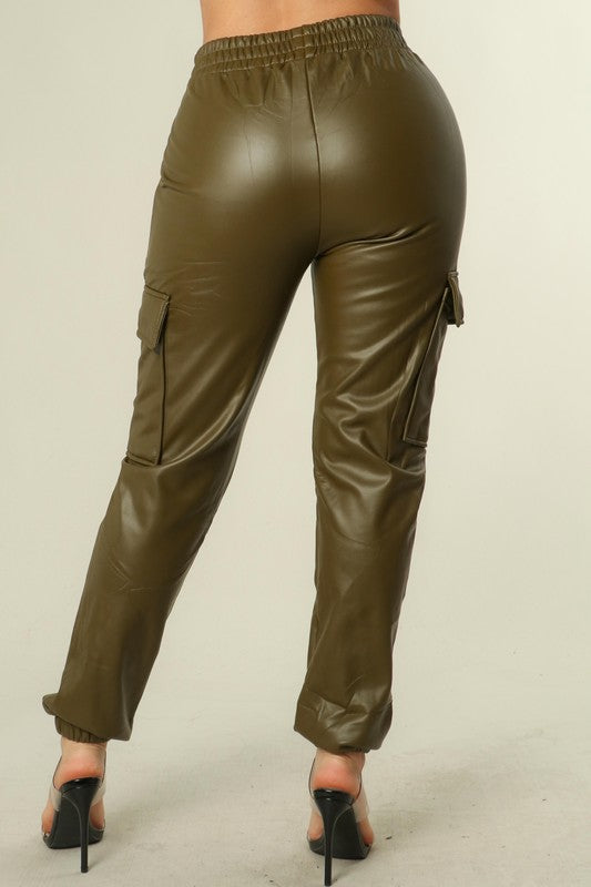 "Cuteness" Faux LeatherJoggers - Olive